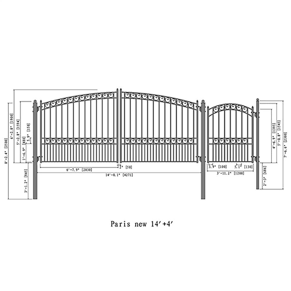 Paris Style Black Steel Dual Swing Driveway Gate with Pedestrian Gate