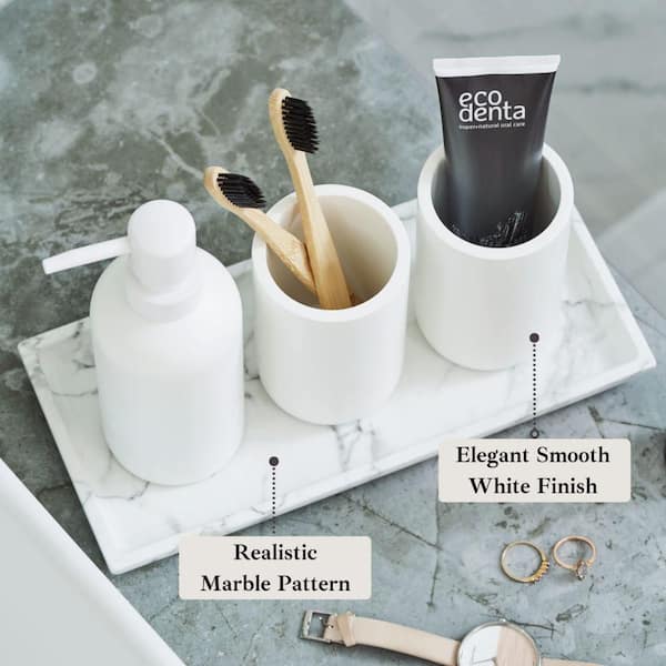 Dracelo 4-Piece Bathroom Accessory Set with Toothbrush Holder, Soap Dispenser, Cotton Jar, Tray in Grey
