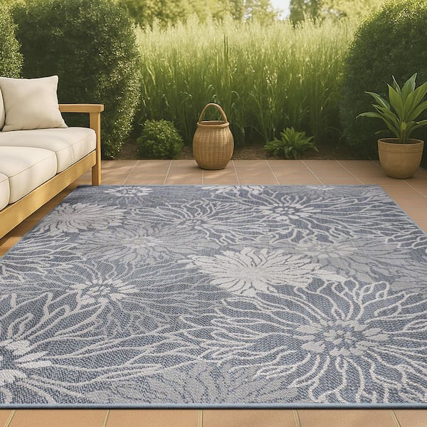 Bahamas Modern All-Over Floral Navy/Gray 8 ft. x 10 ft. Indoor/Outdoor Area Rug