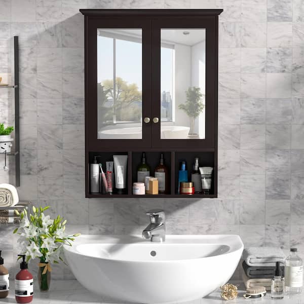 VEIKOUS 23.6 in. W x 30.4 in. H Rectangular Surface-Mount Bathroom Medicine Cabinet with Mirrors and Shelves in Espresso