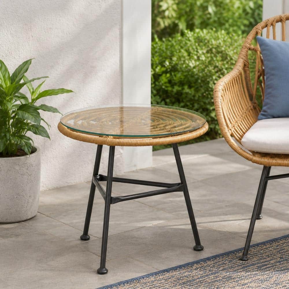 19 in. Light Brown PE Rattan Outdoor Side Table with Tempered Glass Top and Steel Frame price history on PriceWatchPro