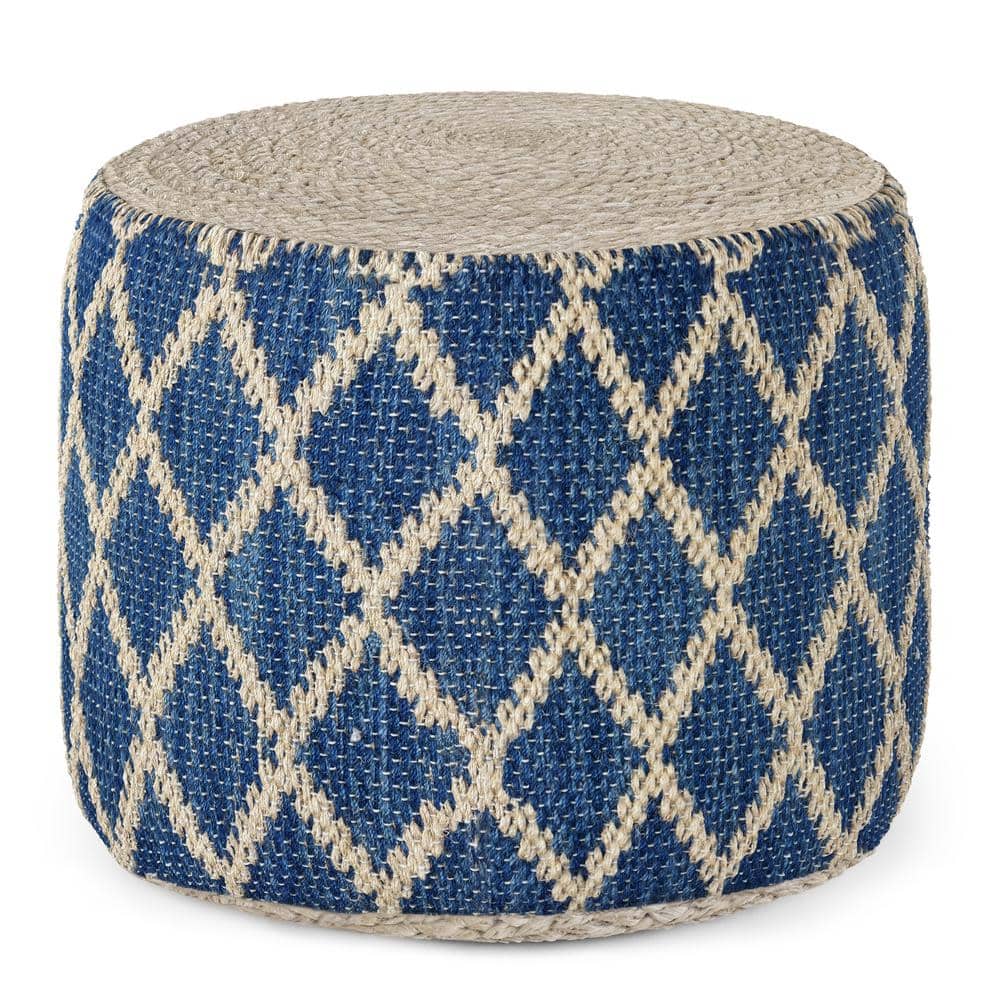 Classic Blue and Natural Woven Jute Round Pouf