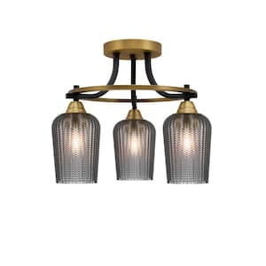Madison 15 in. 3-Light Matte Black and Brass Semi-Flush Mount with Smoke Textured Glass Shade