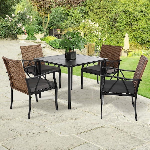 iwicker patio square steel dining table with umbrella hole Sophia & William 9pc Set for 8, Rattan Chairs resistant coated steel frame ensures durability. 37" x 37" Outdoor Patio