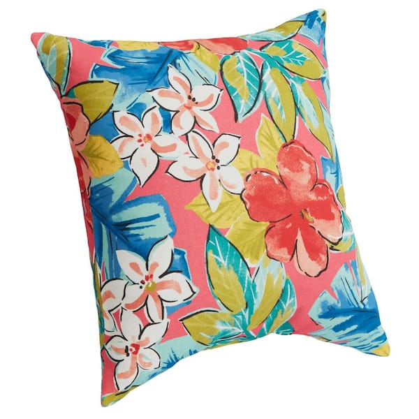 18 in. x 18 in. Outdoor Patio Throw Pillow in Pink Tropical