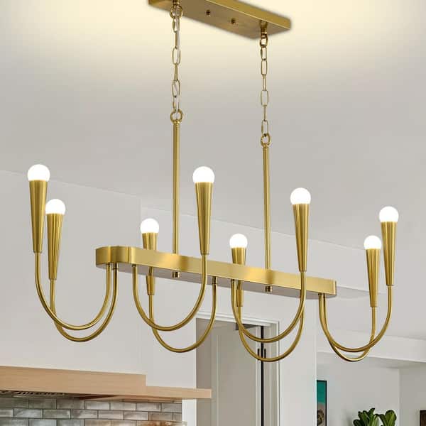 8-Light Gold Industrial Chandelier Rustic Kitchen Island Lighting-Farmhouse Linear Chandeliers for Dining Room