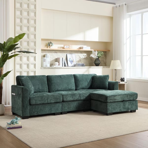 Udele 97.24 in. Chenille L Shape Sectional Sofa in. Green with Dual USB, Side Pockets, Storage Ottoman, Pillows