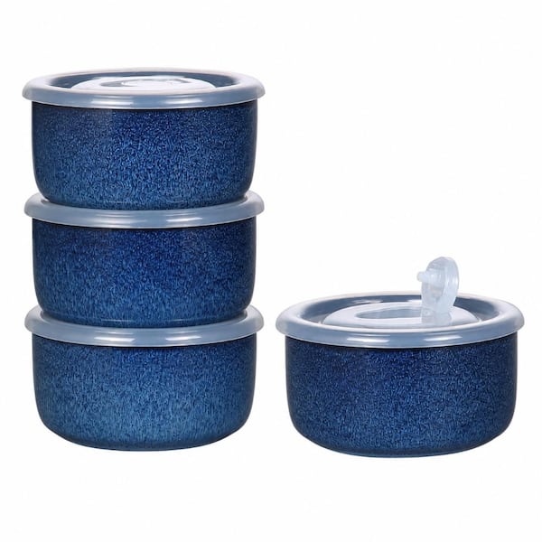Set of 4 Ceramic Blue Bowls with Airtight Lids 5 in Dia x 2.7 in Deep for Soup, Salad, Meal Prep, Cereal