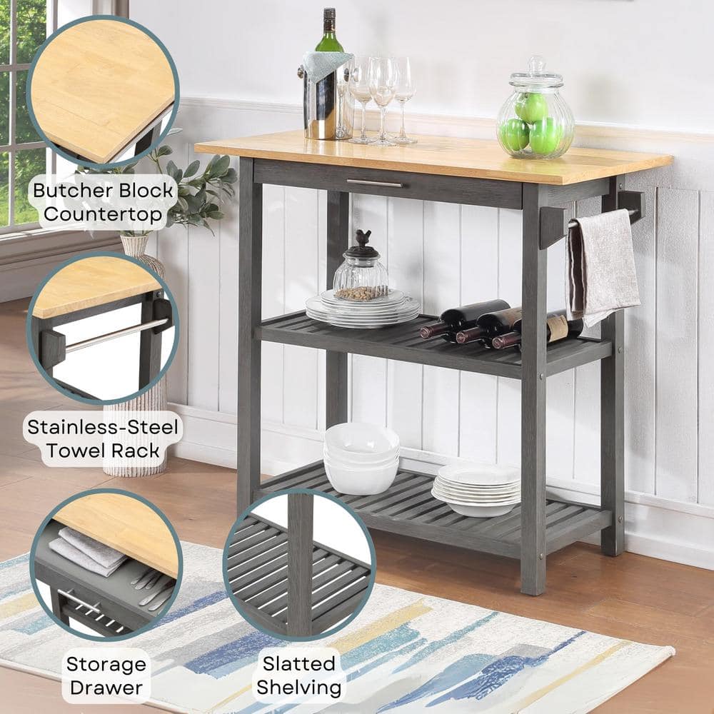 Dark Gray Butcher Block Kitchen Prep Island with Drawer