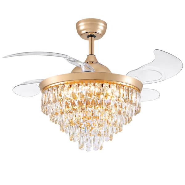 42 in. Indoor Modern Gold Retractable Crystal Ceiling Fan with light and Remote, Chandelier Ceiling fan Downrod Mount