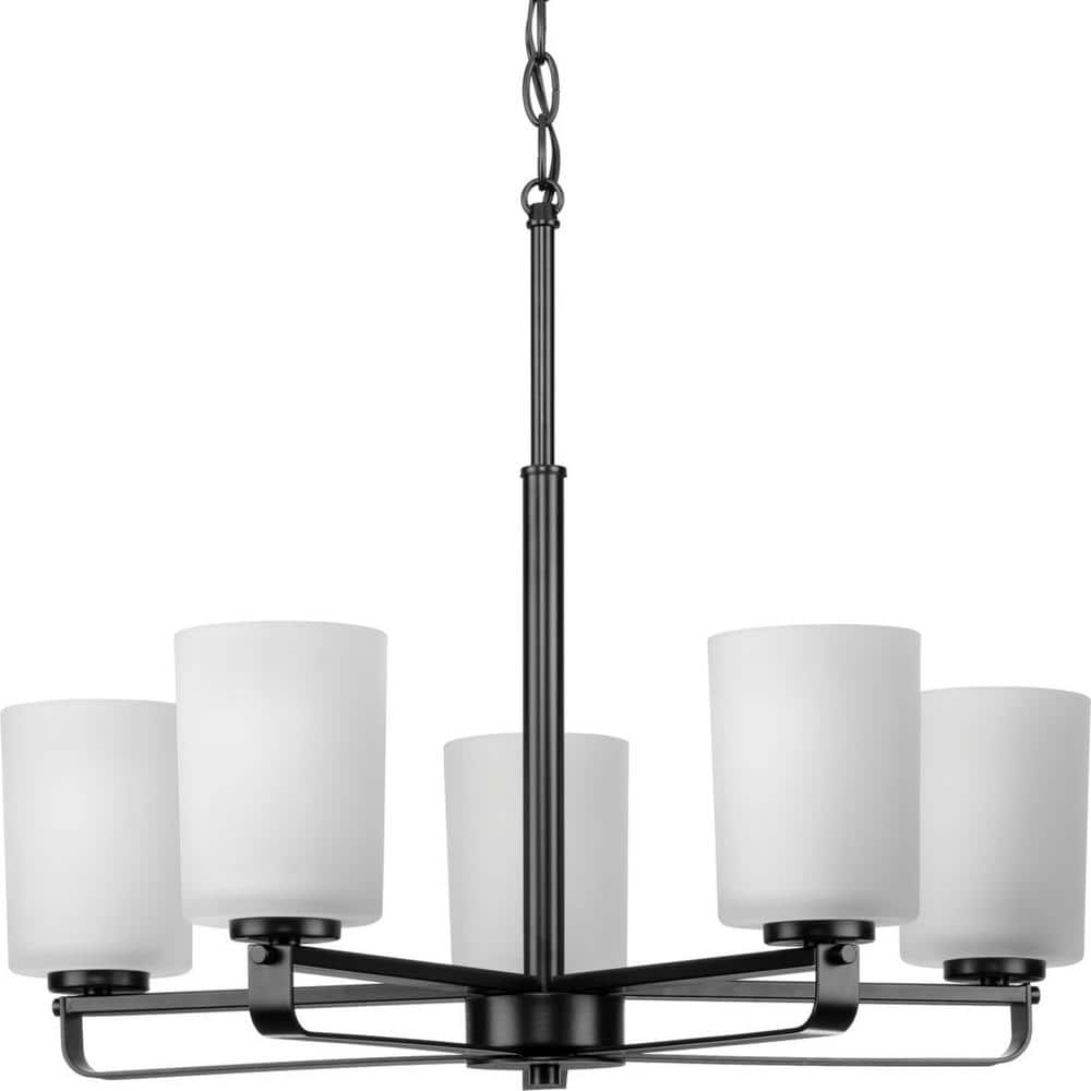 Matte Black and Etched Glass Five-Light Chandelier