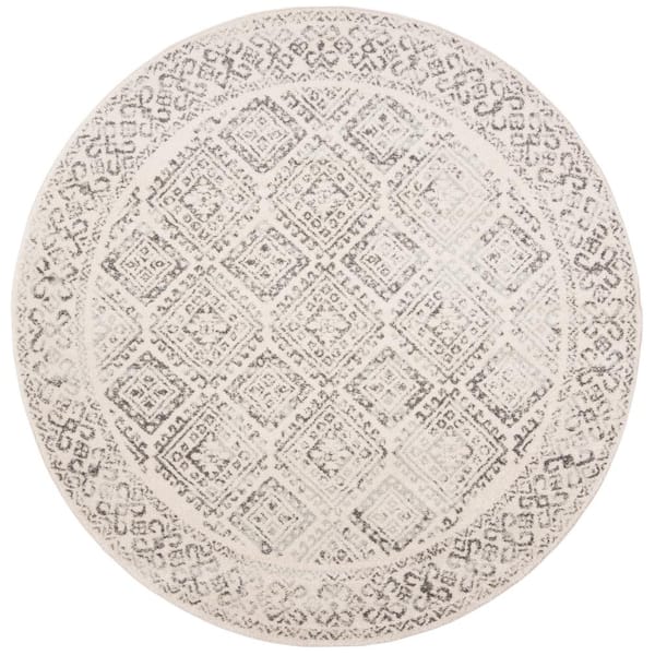 Tulum 11 ft. x 11 ft. Round Ivory/Gray Border Geometric Diamonds Area Rug