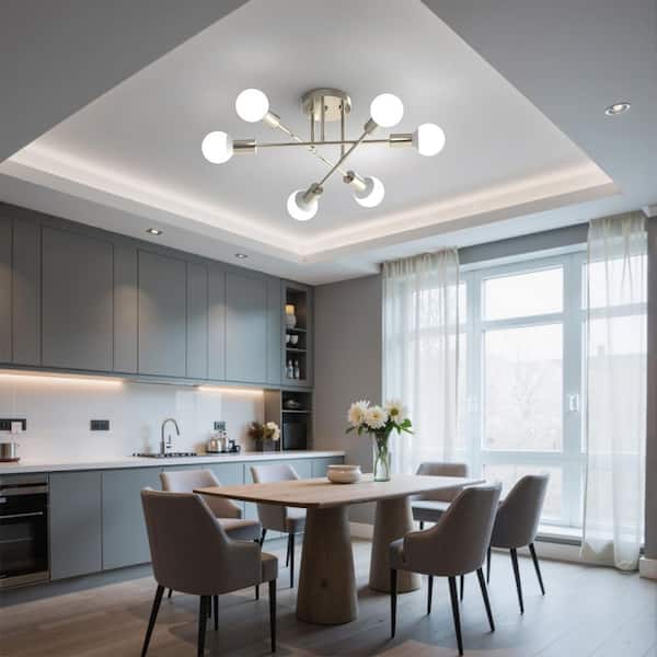 16 in. 6-Light Modern Nickel Linear Semi-Flush Mount Sputnik Ceiling Light Fixture for Dining Room, Kitchen, Bedroom