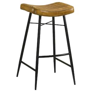 Bayu 31.25 in. H Antique Camel and Black Backless Metal Bar Stool with Leather Saddle Seat (Set of 2)