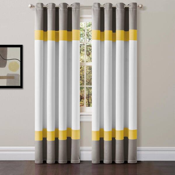HOMEBOUTIQUE Alexander Color Block Light Filtering Window Curtain Panels  Gray/Yellow 52X84 Set 21T011928