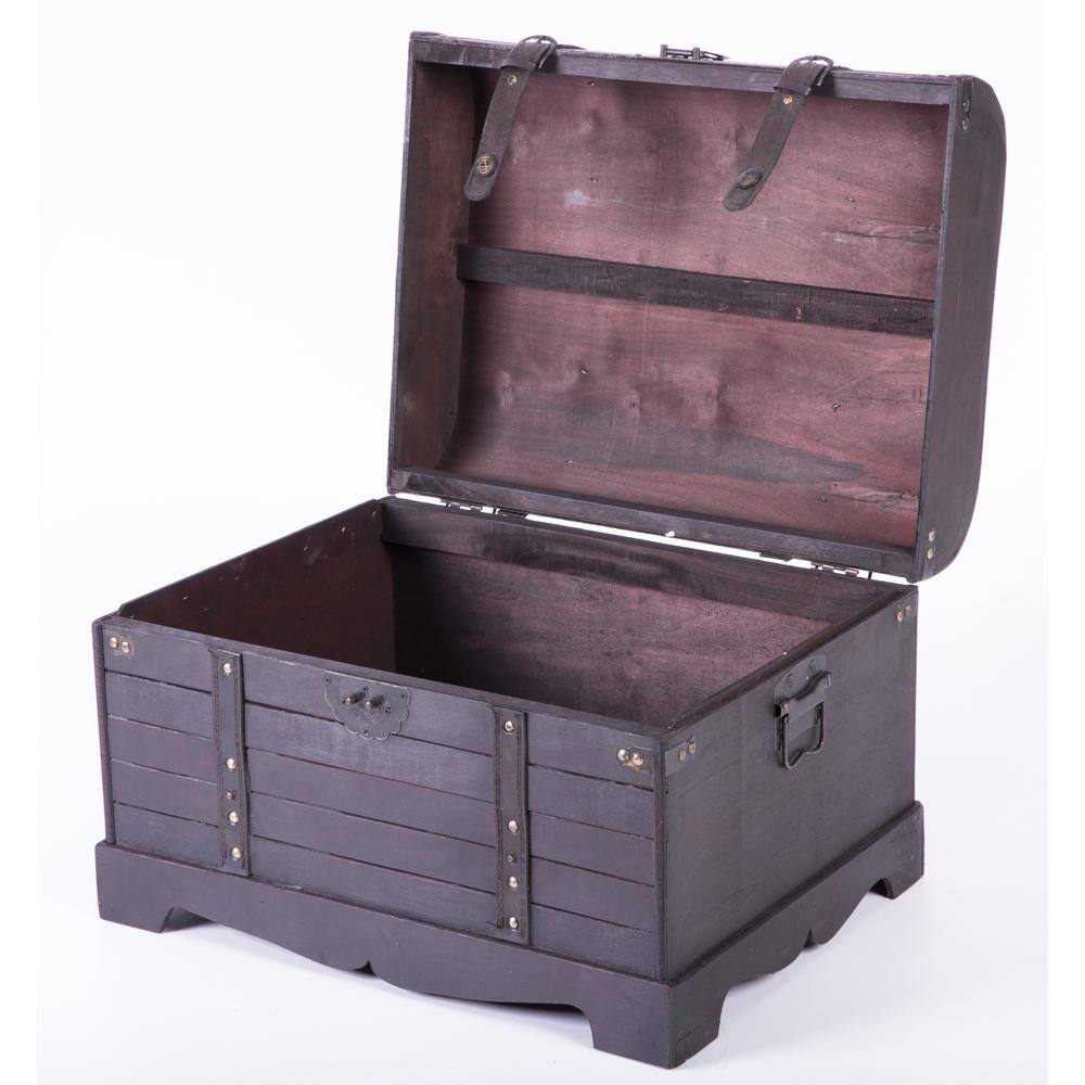 Antique Style Black Wooden Steamer Trunk Coffee Table with Leather Trimmings