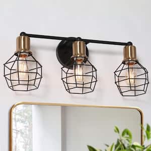 21.3 in. 3-Light Black and Electroplated Copper Vanity Light with Cage-shaped Metal Shade