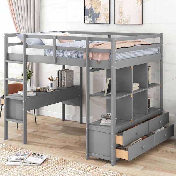 Gray Full Size Wood Loft Bed with Built-in Desk with 2-Drawers, and Storage Shelves and Drawers