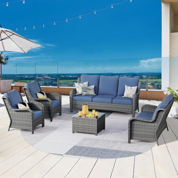 OVIOS Janus Gray 5-Piece Wicker Patio Conversation Seating Set with Denim Blue Cushions and Coffee Table