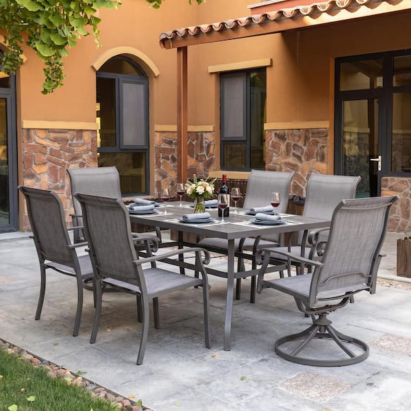 Gray 7-Piece Textilene and Metal Rectangular Outdoor Dining Set with Umbrella Hole, Swivel Design