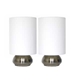 9 in. Brushed Steel Base and Ivory White Two (2) Pack Mini Touch Lamp with Fabric Shades