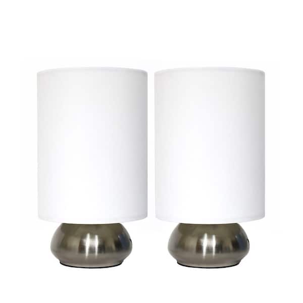 Simple Designs 9 in. Brushed Steel Base and Ivory White Two (2) Pack Mini Touch Lamp with Fabric Shades