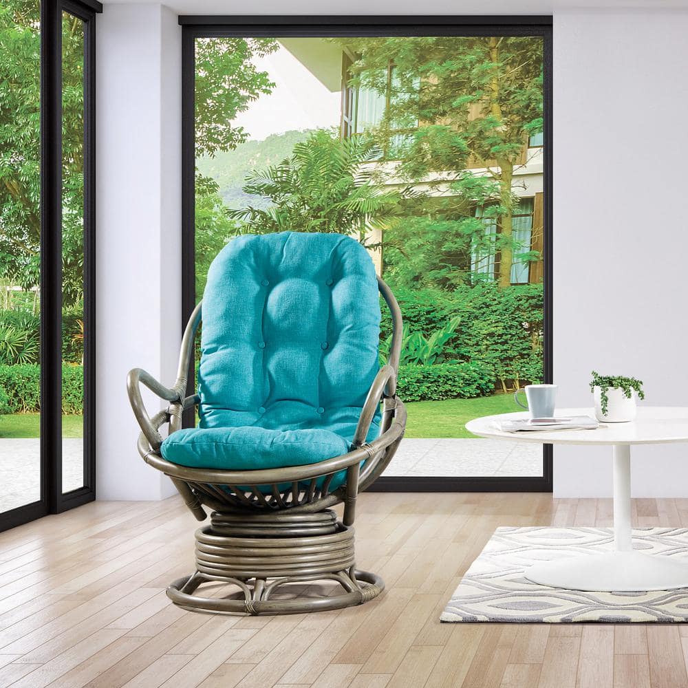 Tahiti Blue Fabric Rattan Swivel Rocker Chair with Gray Frame