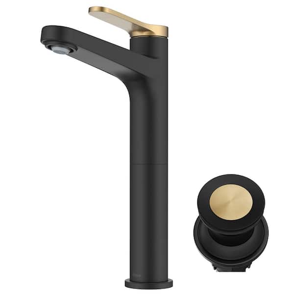 Indy Single Handle Vessel Sink Faucet in Spot-Free Brushed Brass / Matte Black with Pop Up Drain and Supply Lines
