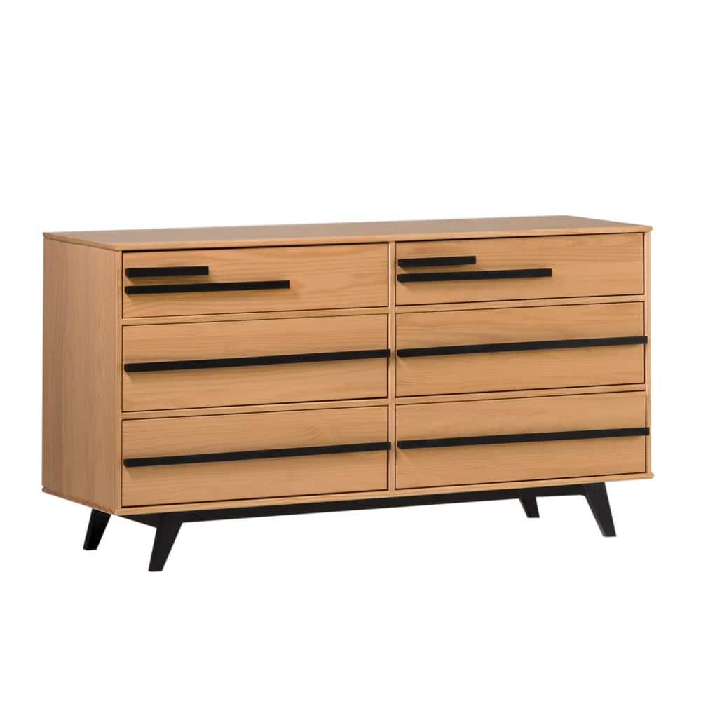 Natural Pine Mid-Century Modern 6-Drawer Solid Wood Dresser