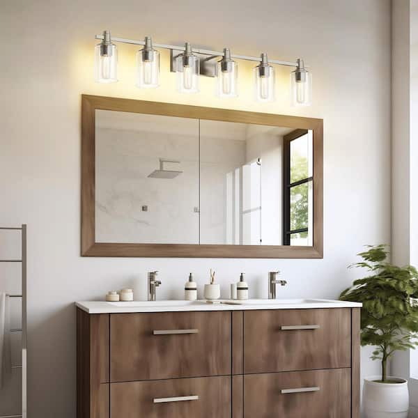 42.32 in. 6 Light Nickel Bathroom Vanity Light with Cylinder Clear Glass shades