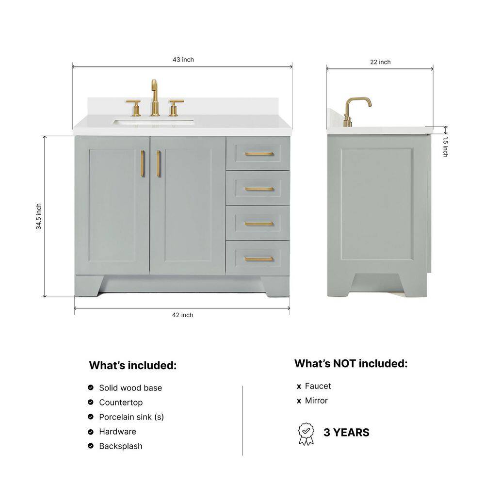 Taylor 43-inch White Quartz Top Gray Single Sink Vanity