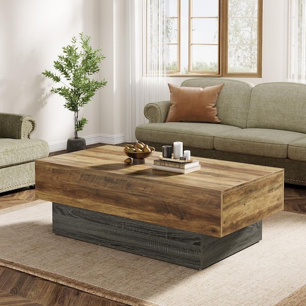 BYBLIGHT Allan 55.12 in. Brown and Gray Living Room Center Table, Rectangle Wood Coffee Table, Vintage Large Tea Table