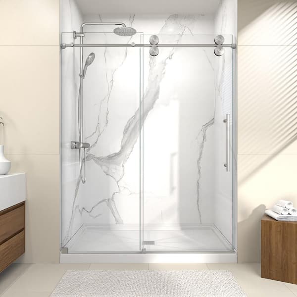 Valora 60 in. W x 72 in. H Single Sliding Frameless Shower Door in Brushed Nickel w/ SGCC 5/16 in. Tempered Clear Glass