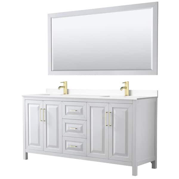 Wyndham Collection Daria 72 in. W x 22 in. D x 35.75 in. H Double Bath Vanity in White with White Cultured Marble Top and 70 in. Mirror
