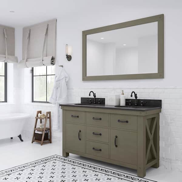 Water Creation Aberdeen 60 in. W x 34 in. H Vanity in Gray with Granite Vanity Top in Limestone with White Basins Mirror Faucets