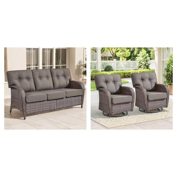 Modern Seaside Series Wicker Outdoor Patio Sofa Couch (3-Seat) and Swivel Rocking Chair (2-Piece) with Gray Cushions