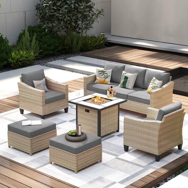HOOOWOOO Oconee Beige 6-Piece Outdoor Patio Fire Pit Conversation Sofa Seating Set with Dark Grey Cushions