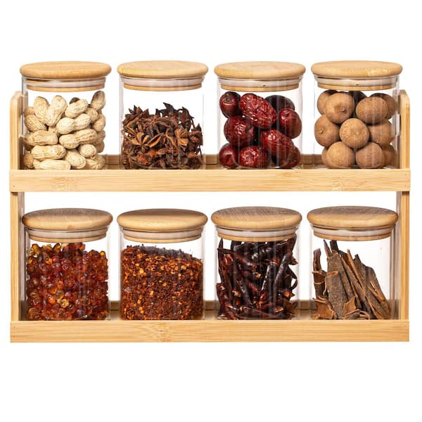 Unbranded Versatile 2-Tier Bamboo Spice Rack and Pantry Organizer with 8 Glass Jars - Perfect for Countertop Storage in Kitchens.
