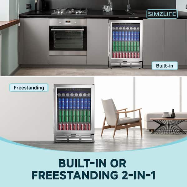 23.5 in. Single Zone 180-Cans Freestanding/Built-in Beverage Refrigerator Cooler Fridge in Black, and Reversible Door