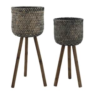 Factory Bamboo with wood legs Flower Pot Foldable Wholesale Grass Planter Plant Baskets for Indoor or Outdoor Garden