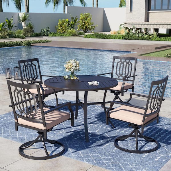 PHI VILLA 5-Piece Metal Round Patio Dining Set with Fashion Swivel Chair with Beige Cushions
