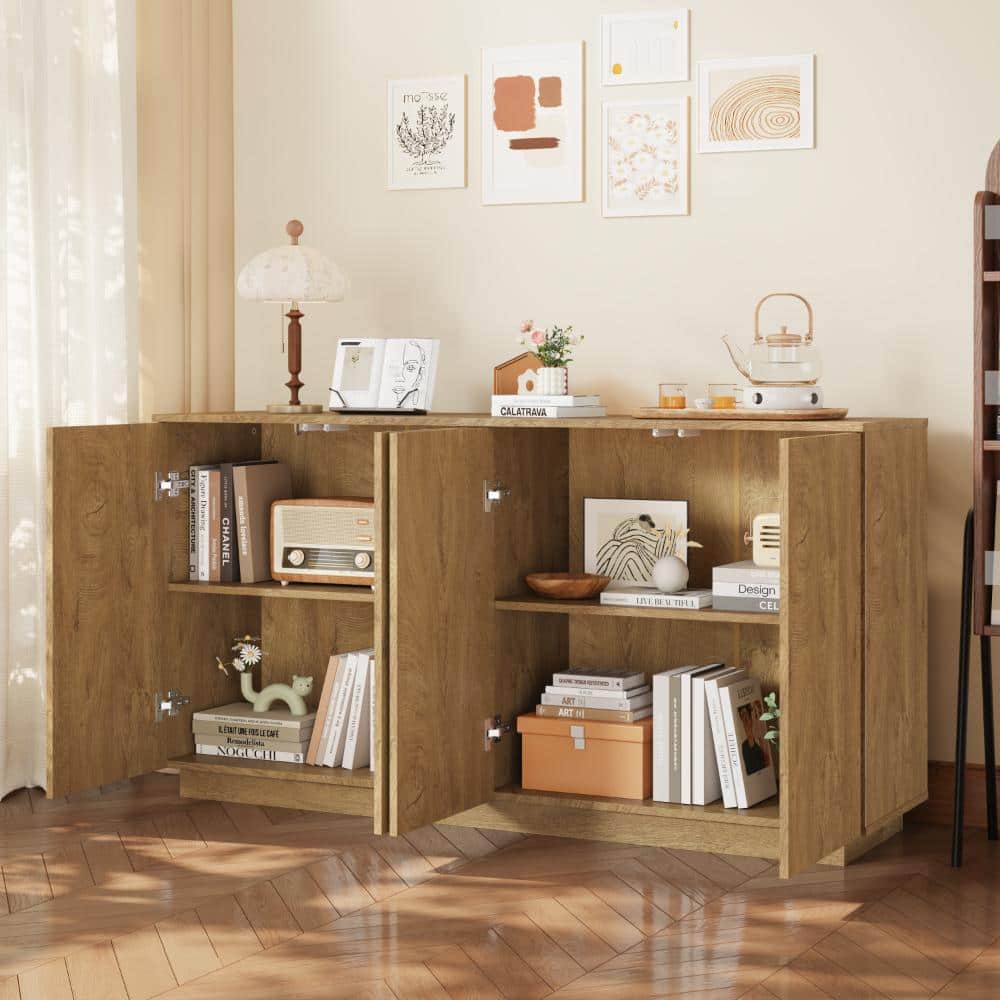 Natural Wood Storage Sideboard Buffet Cabinet with Adjustable Shelves and 4 Doors