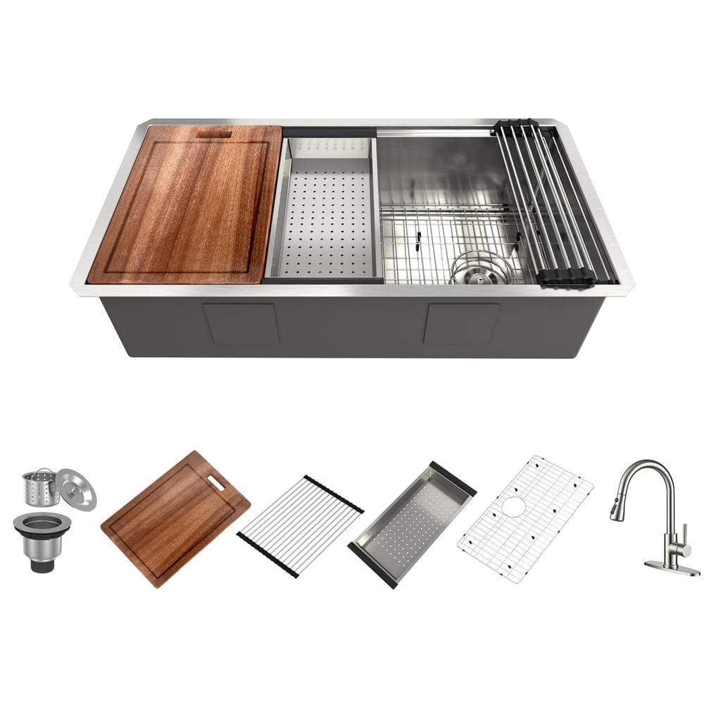 36 in. Undermount Single Bowl Stainless Steel Kitchen Sink with Faucet, Cut