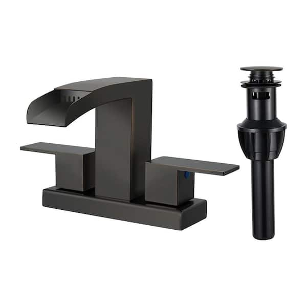 Waterfall 4 in. Centerset Double Handle Low Arc Bathroom Faucet with Drain kit Included in Oil Rubbed Bronze