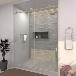 60 in. W x 76 in. H Sliding Semi-Frameless Shower Door in Brushed Nickel Finish with Clear Glass