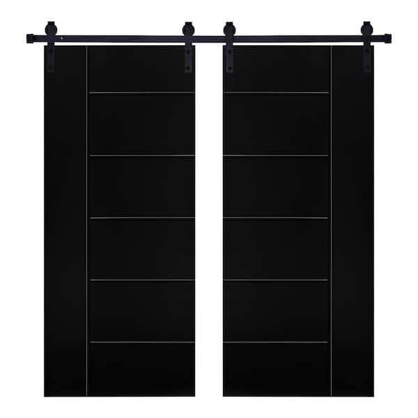 AIOPOP HOME Modern Melrose Designed 48 in. x 80 in. Panel Black Painted MDF Double Sliding Barn Door with Hardware Kit