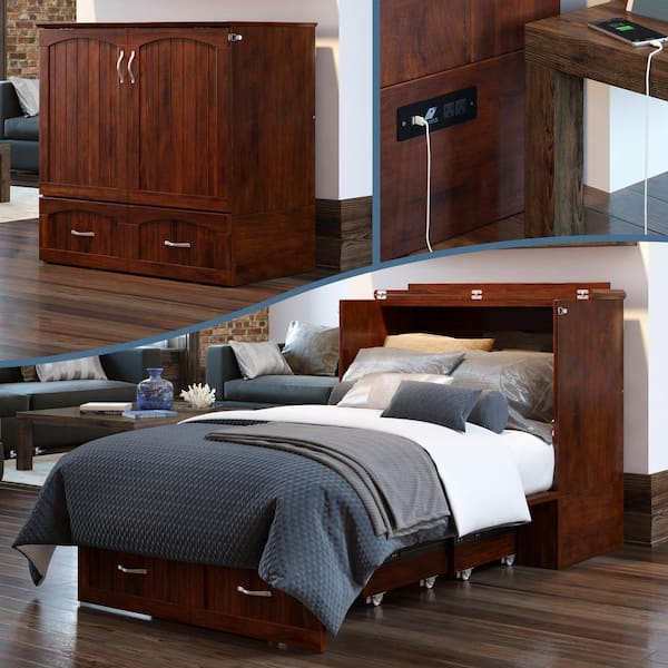 AFI Southampton Walnut Solid Wood Frame Twin XL Murphy Bed Chest with Built in Charging Station and Mattress