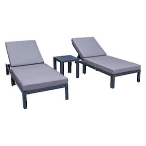 Chelsea Modern Black Aluminum Outdoor Patio Chaise Lounge Chair with Side Table and Blue Cushions (Set of 2)