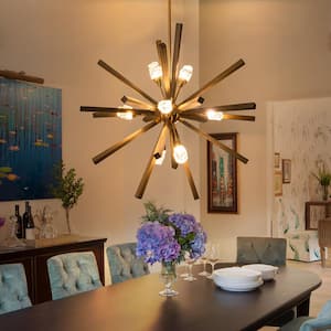 40.2 in. 8-Light Gold Wooden Dimmable Sputnik Chandelier Geometric Cluster Starburst Sphere Chandelier