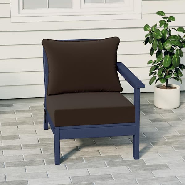 Birchwood Outdoor Patio Deep Seating Right Facing Arm HDPE Lounge Chair in Navy Blue with Brown Cushions